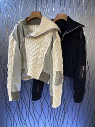 Women's Jackets 2024 Autumn/winter Collision Splicing Pattern Knitted Large Lapel Zipper Coat 1010