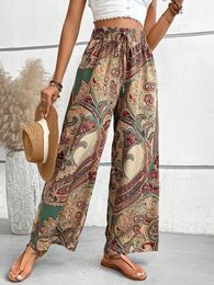 Pantaloni a gamba larga con stampa digitale ad alta vita in stile etnico abbigliamento da donna band elastiche boho sciolta spiaggia casual 240412