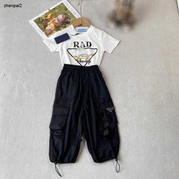 Luxury baby tracksuits Summer T-shirt suit kids designer clothes Size 90-140 CM Geometric logo printing t shirt and Black pants 24April