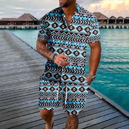 Men's Tracksuits Hawaiian Vacation Style Aztec Elements Button Shirts Shorts Colours Geometry Sets Streetwear Tracksuit Casual Beach Men