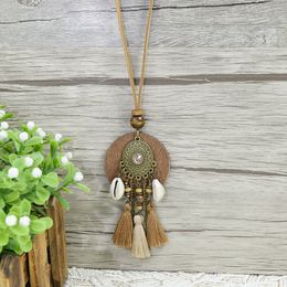 Ethnic Wooden Geometric Pendant Necklaces Boho Vintage Style Shell Wood Bead Tassel Necklaces Long Sweater Chain for Women Gifts