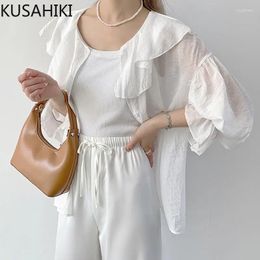Women's Blouses KUSAHIKI Ruffle O-neck Chiffon Thin Summer Cardigan Coat 2024 Flare Long Sleeve Causal Women Shirt Outwear Suncreen Tops