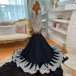 Glitter Black Satin Mermaid Prom Dresses for Black Girl 2024 Luxury Sivler Crystal Sexy Backless Long Evening Gown vestido boda invitada