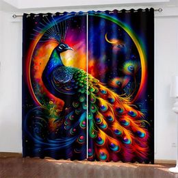 Curtain 2pcs Colorful Rain In The Universe Of Animals Peacock Digital Printed Living Room Curtains Grommet Top Window