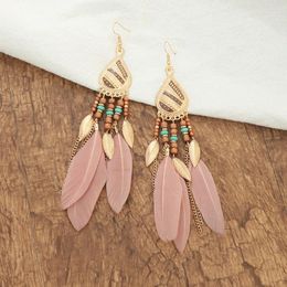 Dangle Earrings 6 Colours Feather For Women Gold Colour Leaf Beads Boho Vintage Statement Long Tassel