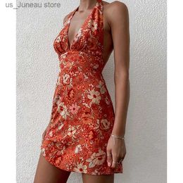 Basic Casual Dresses Xingqing Women Summer Floral Print Slveless Halter Neck Mini Dress Boho Dp V Neck Backless A Line Sundress Mini Dresses T240412