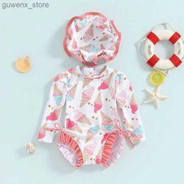 One-Pieces 0-24M Baby Girl Rash Guard Swimsuit Long Sleeve Floral/Ice Print Bathing Suit Infant Swimwear with Sun Hat Y240412