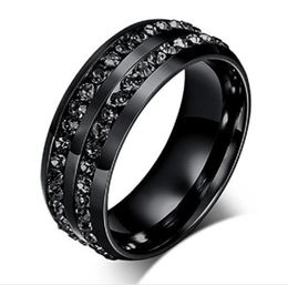 2018 New Fashion Men039s Ring Black Crystal Ring Titanium Steel FullDrill Double Row Circle Diamond Wedding Ring4200222