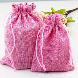 Gift Wrap High Quality 100 Pcs/lot Pink Mini Jute Pouch Linen Drawstring Small Packaging Bag Wedding Jewelry Packing (7x9 Cm)