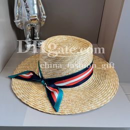 Straw Hat Designer Raffia Bucket Hat Luxury Summer Beach Hat Women Flat Straw Hat With Silk Ribbon Wide Brimmed Hat