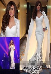 2019 Dubai Style With Cape Mermaid Evening Dresses Long Sleeve Appliques Beaded Sweep Train Fashion Special Occasion Gown Prom Dre4662397