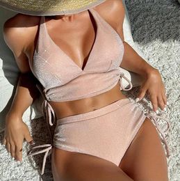 Women's Swimwear 2024 Neck Hanging Sexy Bikini Two Piece Set Solid Colour Spring Lacing High Waist For Female Swimsuit