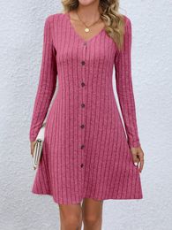 Fashion Solid Ribbed Knitted Mini Dress Women Button Long Sleeve A Line Dresses Autumn Lady Streetwear Robe 240412