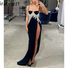 Casual Dresses Women's Fashion Retro Sexy Tassel Rhinestone Spliting Suspenders Long Skirt Elegant Premium Evening Dress Ladies Clothes