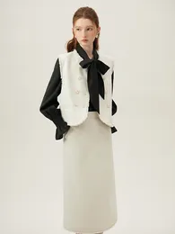 Work Dresses FSLE Women Vest Coat Skirt Sets Round Neck Double Breasted Design Female Apricot White Long A-LINE Skirts 24FS11143 24FS11142
