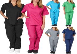 Women039s Pants Capris Solid Color Unisex Men Women Short Sleeve V Neck Nurses Scrubs TopsPants Nursing Working Uniform Set 5701608