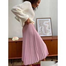 Skirts Chic Pleated Long 2024 Elastic Waist French Elegant Women For Spring Fall A-Line Casual Retro Lady Drop Delivery Apparel Womens Otiqf