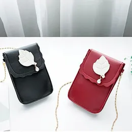 Bag Universal Pu Leather Mini Cell Phone Shoulder Pocket Pouch Case Chain Strap Cute Pearl Leaf Decoration Lady Messenger Bags