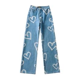 Love Printed Wide Leg Pants for Women in the Autumn of 2021, New European and American Style Loose Fitting Straight Leg High Waisted Jeans