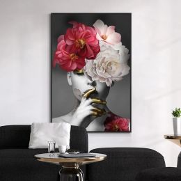 Nordic Classic Aesthetic Wall Art Flowers On The Head With Gold Women HD Oil On Canvas Posters And Prints For Home Decor Gifts