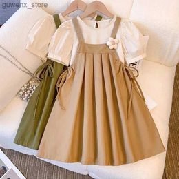 Girl's Dresses Summer Girls Dress Set Kids Top+Suspender Skirt 2Pic Children Flower Leisure Suit 3-14 Years Youth Party Clothes Y240412