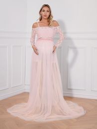 Maternity Pregnant Women Photography Props Outfit Off Shoulder Long Sleeve Lace Crop Top Maxi Tulle Skirt for Baby Shower Party