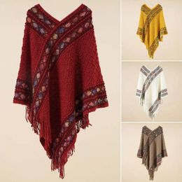 Scarves Ethnic Style Mongolian Poncho Imitation Cashmere Winter Warm Rhombic Stripe Tassel Shawl Knitted Cape Women Fashion