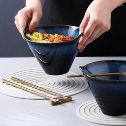 Bowls Tureens 6/7 Inch Ramen Bowl Blue Binaural Ceramics Hat Shape Anti-scalding Instant Noodle Creative Tableware