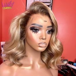 Honey Blonde Body Wave Short Bob Lace Frontal Wig with Brown Root Human Hair 13X4 13X6 Transparent Lace Front Wig for Women