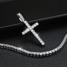 3mm Full Moissanite Tennis Necklace with Cross Pendant 925 Sterling Silver Plated 18k Gold HipHop Punk Necklaces for Women Men