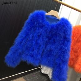 JaneVini Luxury Royal Blue Ostrich Feather Bridal Faux Fur Shawl Wrap Wedding Cape Bolero Women Jacket Winter Evening Coat Cloak