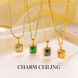 Pendant Necklaces Retro Colourful Square Zircon Stainless Steel Necklace For Women French Simple Fashion Luxury Waterproof Charm Jewellery
