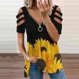 Women's Blouses Breathable Tee Stylish Summer T-shirt Collection Zipper V-neck Cold Shoulder Loose Fit Tees For Vacation Parties