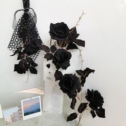 Decorative Flowers Artificial Black Rose With Leaves Blossom Roses Vintage Bride Halloween Gothic Wedding Home Real Touch Fake Floral