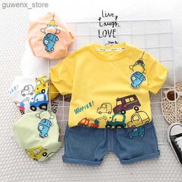 Clothing Sets New Toddler Baby Boys Clothing Sets Summer Cartoon Car Cotton T Shirt +Denim Shorts Kids Casual Infant Clothes Suits 1-5 Years Y240412