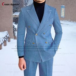 Latest Denim Suit Men Slim fit Fashion Double Breasted Business Wedding Vintage Tuxedo Tailormade Casual Jacket Pants 2 Pieces 240412