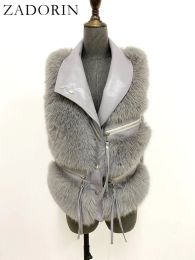 ZADORIN 4XL Autumn Winter Splicing Zippers Faux Fox Fur Vest Women Luxury Leather Collar Short Women Faux Fur Coat Fur Waistcoat