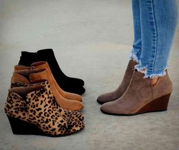 Pointed Toe Booties Winter Women Leopard Ankle Boots Lace Up Footwear Platform High Heels Wedges Shoes Woman Bota Feminina X04242575638