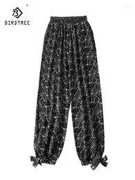 Women's Pants Birdtree Real Silk Printed Lantern Radish Casual Lazy Leggings Cropped 2024 Spring B41446QC