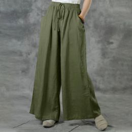 Spring Loose Casual Straight Pants Solid Colour Cotton Linen Elastic Waist WideLeg Ladies Street Drawstring Trousers 240412