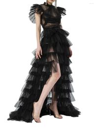 Skirts Women Sheer Mesh Tulle Long Skirt Solid Color Lace Layers Tied-Up Ruffle Floor-Length Wedding Cocktail Party Cover Ups