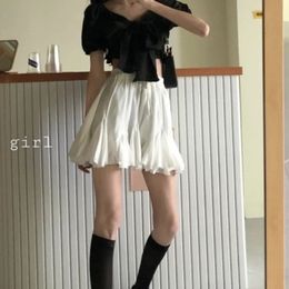 DEEPTOWN Kawaii Ruffles Mini Skirt Women Korean Style White High Waist Aline Patchwork Laceup Cute Pleated Shorts Summer 240403