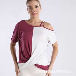 Forwarding Cross-Border European And American Foreign Trade Amazon Women's Clothing New Off The Shoulder Colour Matching Short Sleeved T-Shirt Top Irregular