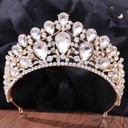 DIEZI Luxury Elegant Baroque Gold Color Crown Hair Accessories White Crystal Tiara For Women Girls Wedding Bridal Hair Jewelry