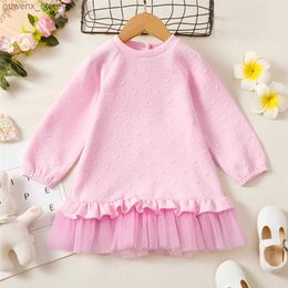 Girl's Dresses 1-6 Years Children Girl Emed Hearts Autumn Winter Long Sleeve Dress Pink Patchwork Mesh Princess Dress Birthday Party Outfit Y240412Y2404179R5S