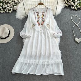 Bohemian Dress Women O Neck Lantern Sleeve Embroidery Ethnic Style Vestidos De Mujer French Chic Aline Dresses Folds Dropship 240412