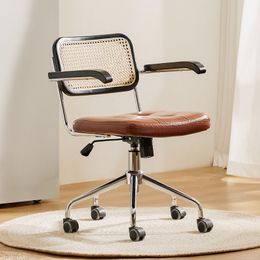 Retro PU Leather Bamboo Woven Backrest Chair Office 360-Degree Swivel and Lift Computer Chair Study Office Chair Single Seat