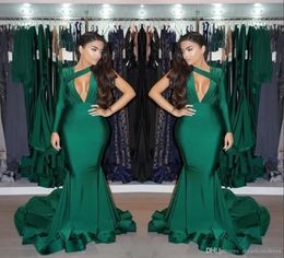 Dark Green One Shoulder Mermaid Prom Dresses 2022 Long Sleeve Ruched Sweep Train Formal Party Evening Gowns BC140367555277