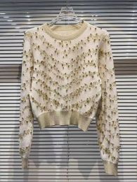 Early Autumn High Quality New Elegant Knit Top O-neck Gold Pearl Studded Small Fragrance Bright Silk Korean Chic Girl Sweater