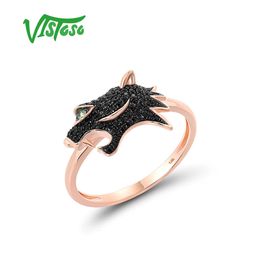 VISTOSO Gold Rings For Women Genuine 14K 585 Rose Green Garnet Black Diamond Leopar Head Ring Animal Trendy Fine Jewelry240412